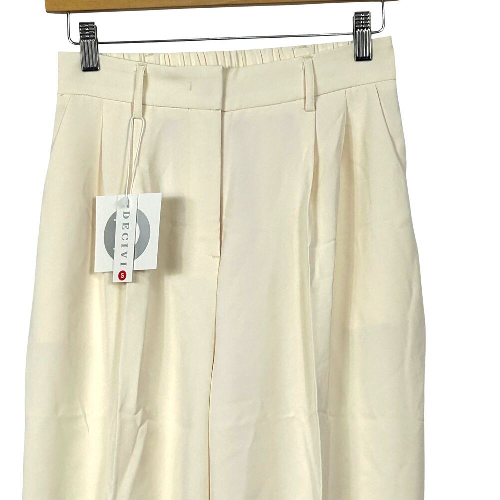 DECIVI Wide Leg Pleated Tailored Trousers Cream Size S New - Picture 2 of 10